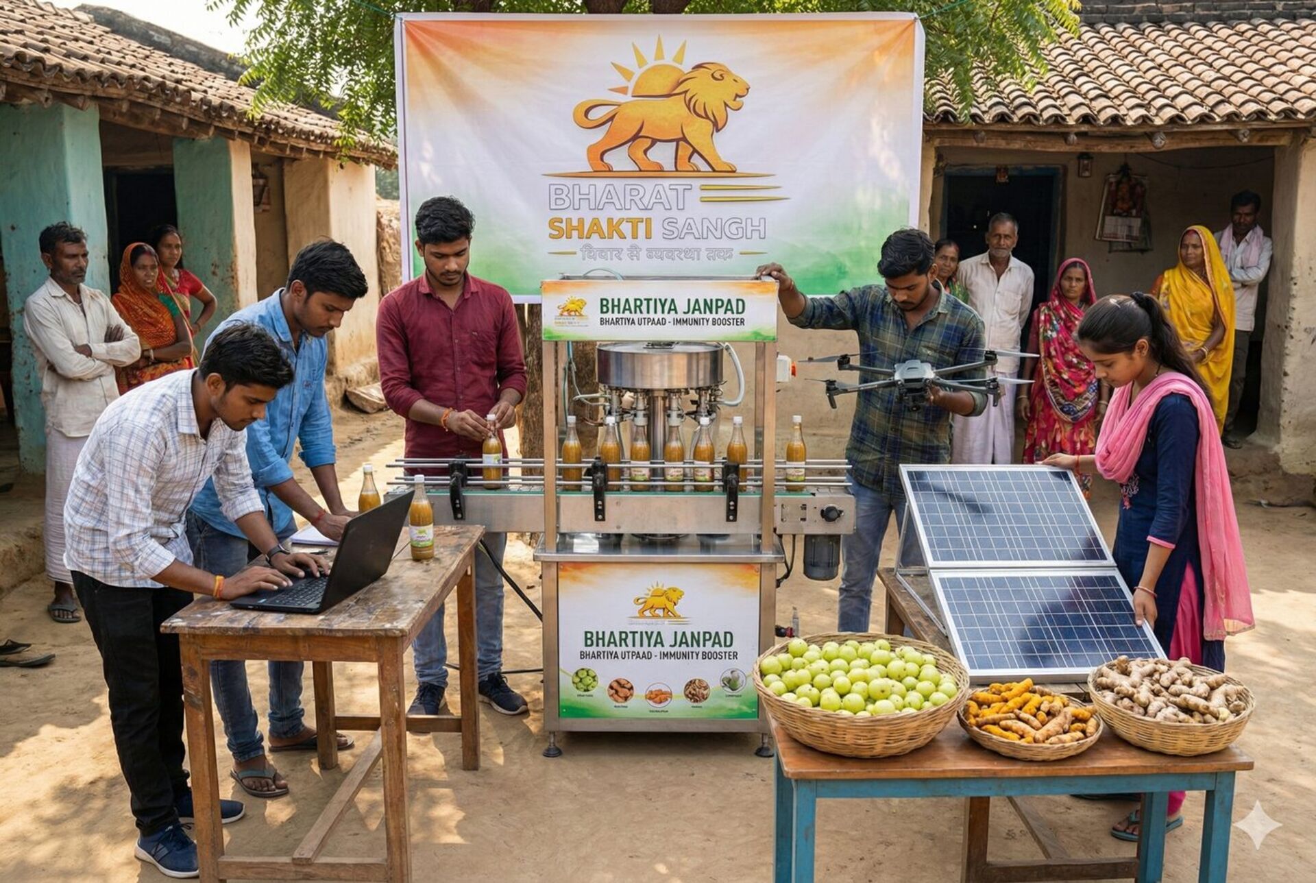 हमारा जनपद हमारा उत्पाद — सोलर ऊर्जा से चलने वाली स्थानीय उत्पादन इकाई, आँवला, हल्दी और अदरक की बास्केट के साथ ग्रामीण युवा